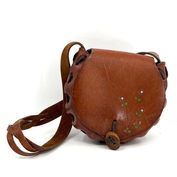 70's Childs Leather Shoulder Bag with Painted Flowers - Picture 1 of 8